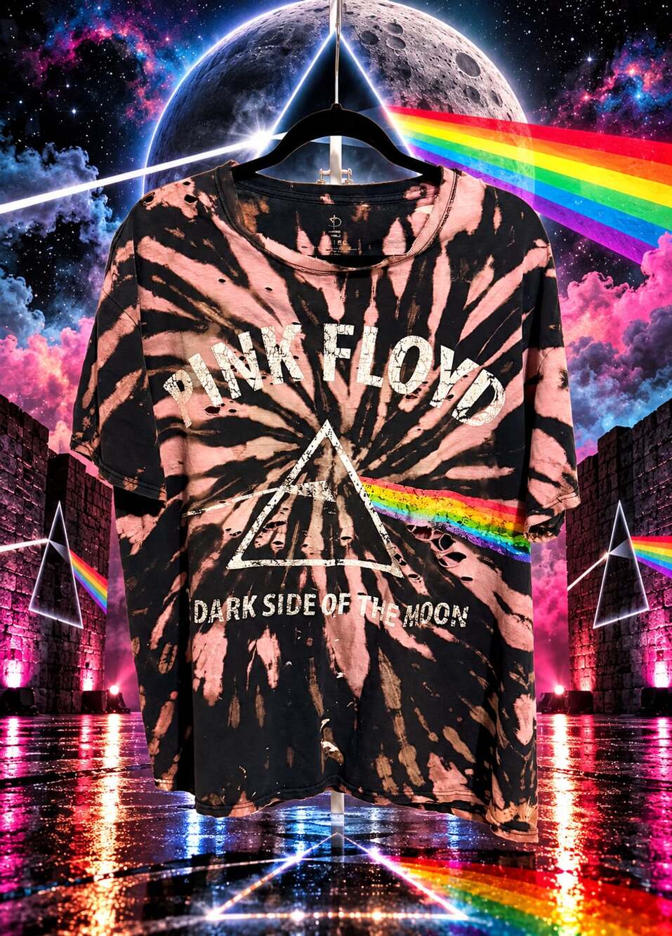 Pink Floyd Dark Side Of The Moon Tie Dye T-Shirt Distressed Vintage 1970s Look